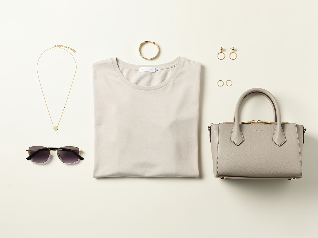 A complete outfit laid out flat: a top, a handbag, sunglasses and delicate jewelry on an off-white background.