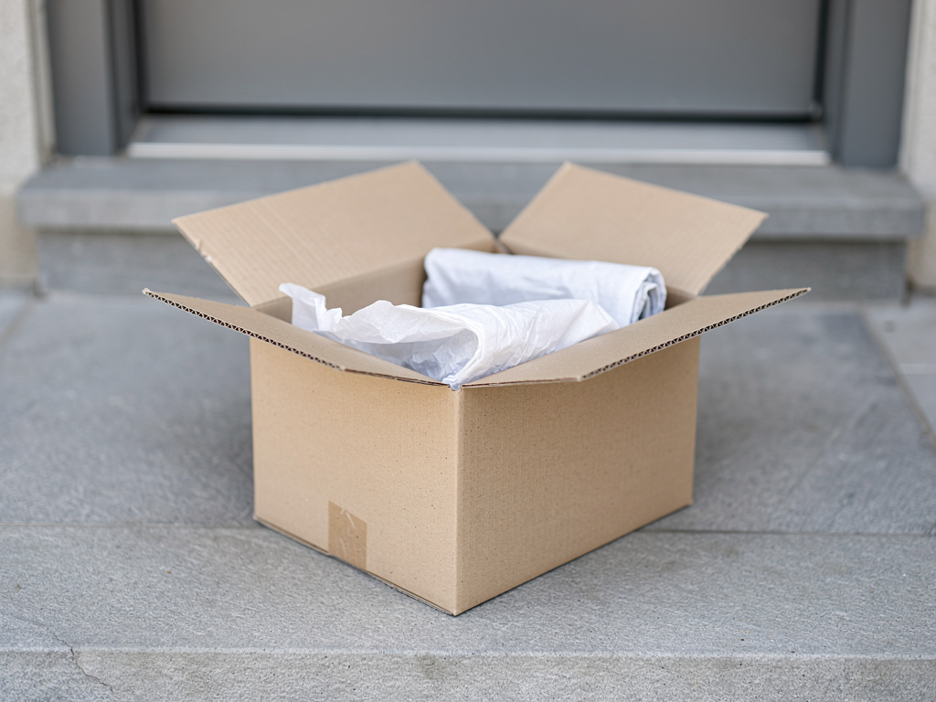 A minimalist unbranded shipping box being opened on a doorstep, with tissue paper inside.