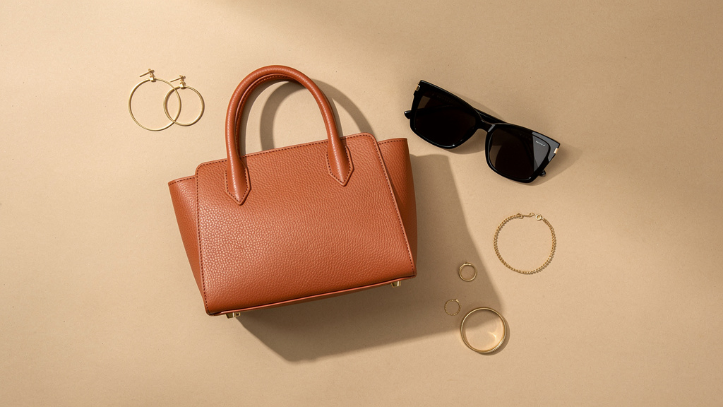 An editorial flat lay of a structured terracotta handbag, black sunglasses and gold jewelry on a sand-colored off-white 
