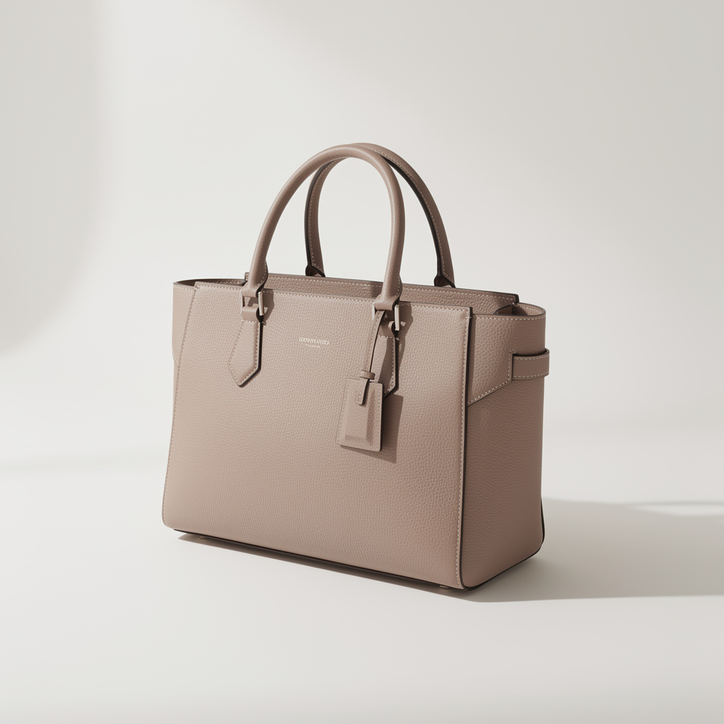 A single unbranded leather handbag standing alone on a clean off-white surface under soft natural light.