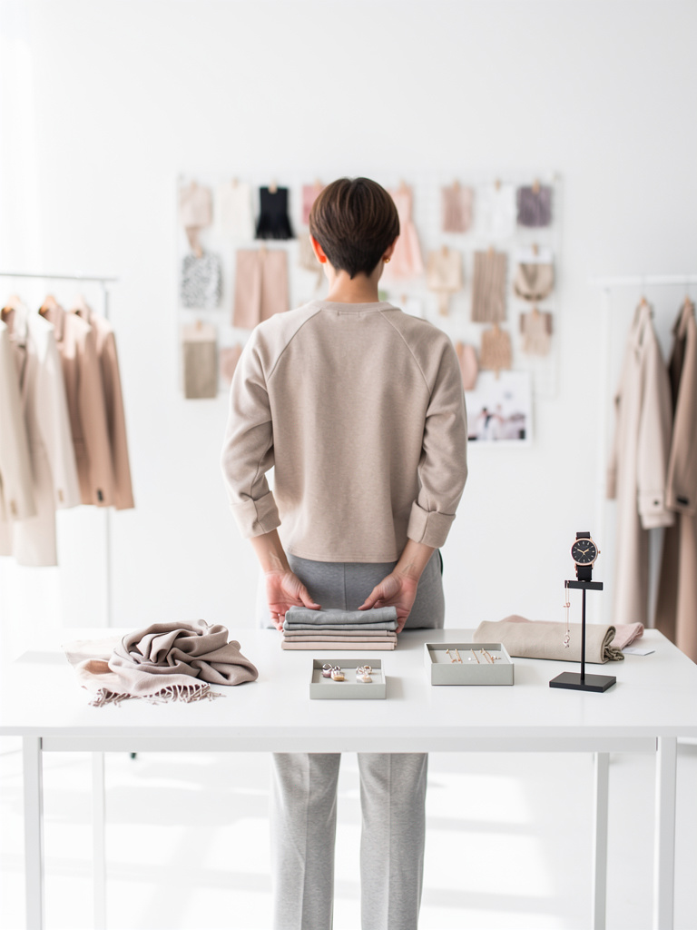 A person seen from behind arranging accessories on a minimalist white table in a bright studio, surrounded by clothing r